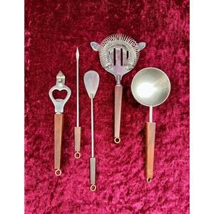 Vintage Barware 5 Piece Cocktail Mixing Set Stainless Steel Wood Handles Japan